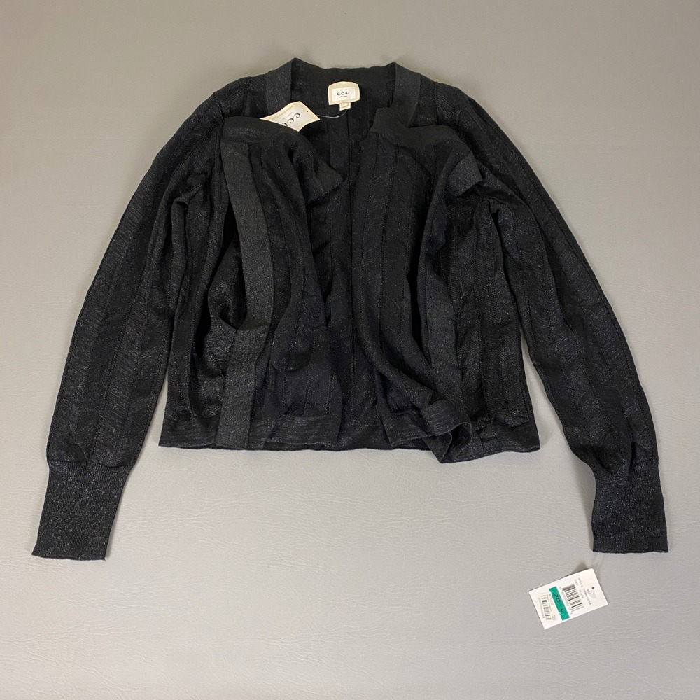 ECI New York Cardigan Women's Large Black Metallic Knit Open Long Sleeve New NWT